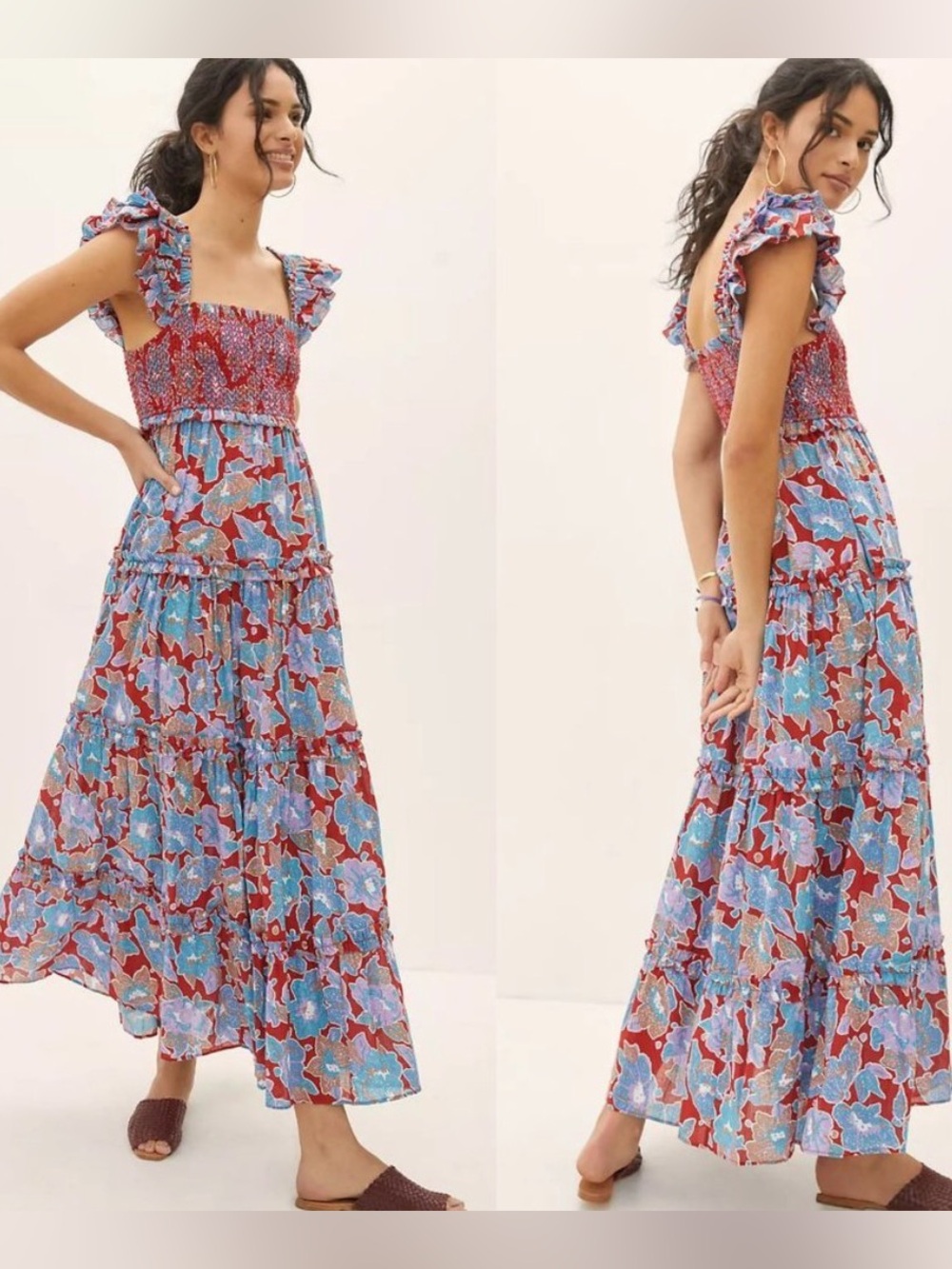 Love The Label Bouquet Smocked Maxi Dress M Anthropologie Cotton Floral Ruffle